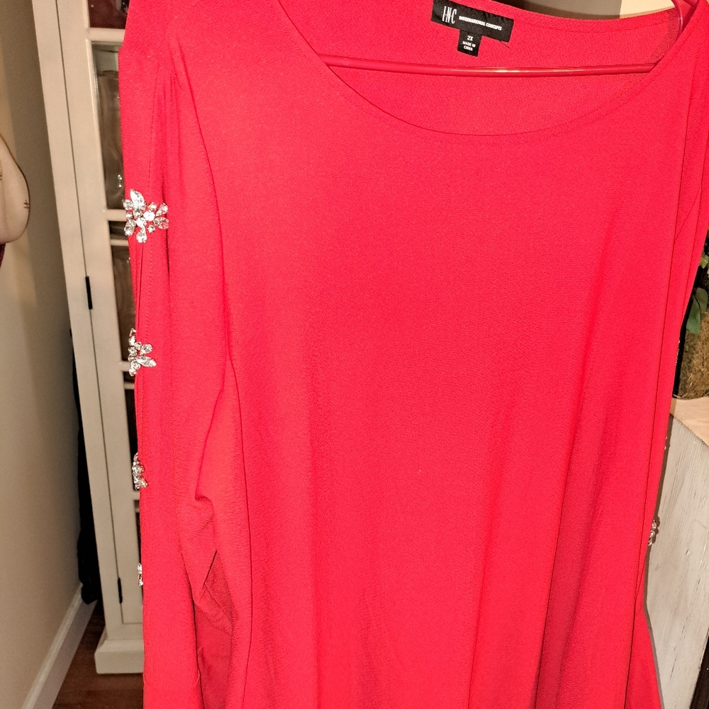 INC, Intl Concepts, Red Long Sleeve Top with Embellishments